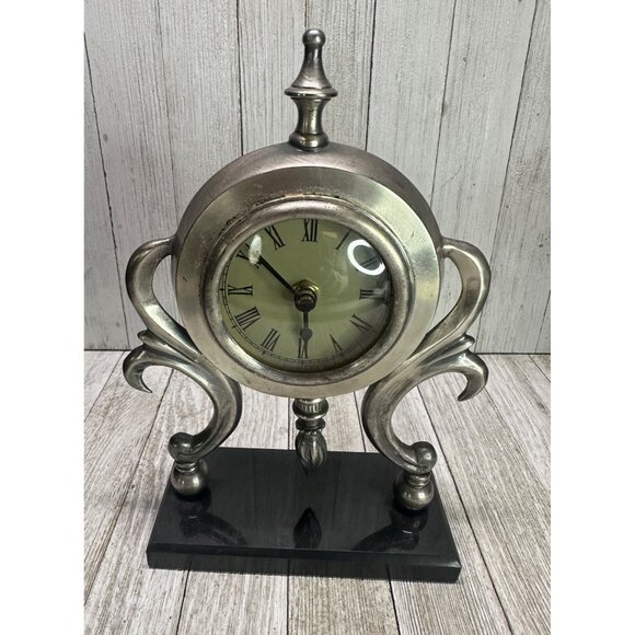Vtg Bombay Pewter Desk Mantle Quartz Clock with Granite Base For Parts Only - Picture 1 of 7